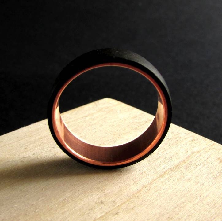 Copper and fumed eucalyptus wood ring for men, dark wooden wedding band, 5 year anniversary ring for husband, Mens alternative wedding band