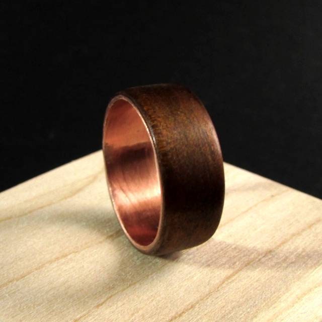 Dark aspen wood wedding band, Wood and copper ring men, unique 5 year anniversary gift for him, hipster wedding ring, sustainable jewelry