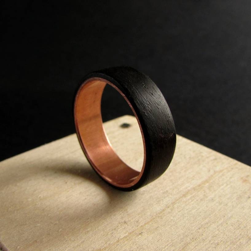 Copper and fumed eucalyptus wood ring for men, dark wooden wedding band, 5 year anniversary ring for husband, Mens alternative wedding band