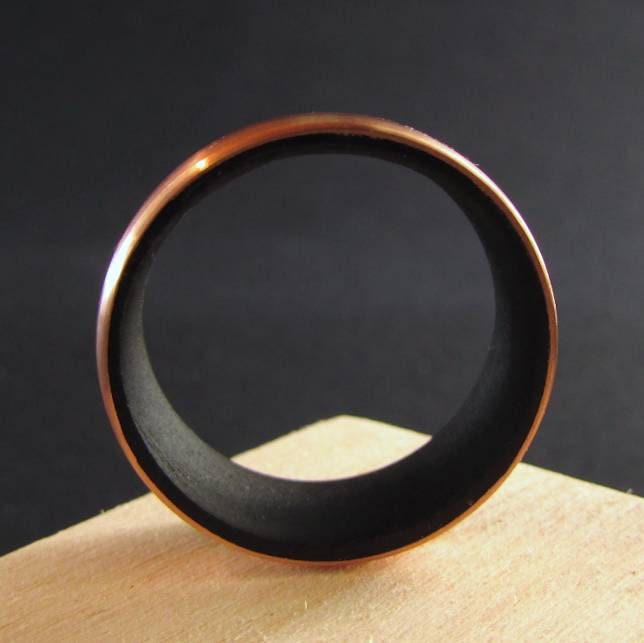Black eucalyptus wood and copper ring for men and women, matte wooden wedding band custom made to size, Yin yang inspired wedding ring
