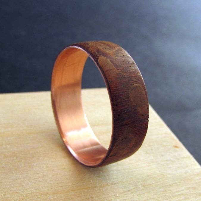 Brazilian lacewood ring, figured wood and copper wedding ring, mens wooden wedding band, unique 7 year anniversary gift, reddish brown color