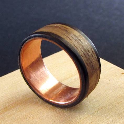 Whiskey barrel wedding ring, Recycled oak wood wedding band, Wood and copper rings for men and women, 5 year anniversary gift idea