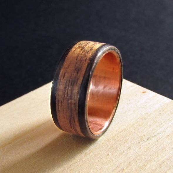 Whiskey barrel wedding ring, Recycled oak wood wedding band, Wood and copper rings for men and women, 5 year anniversary gift idea