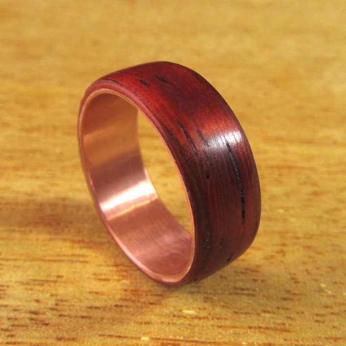Red Padauk wooden wedding ring, wood and copper bentwood ring, Mens alternative wedding band, 7 year anniversary gift for husband, vegan