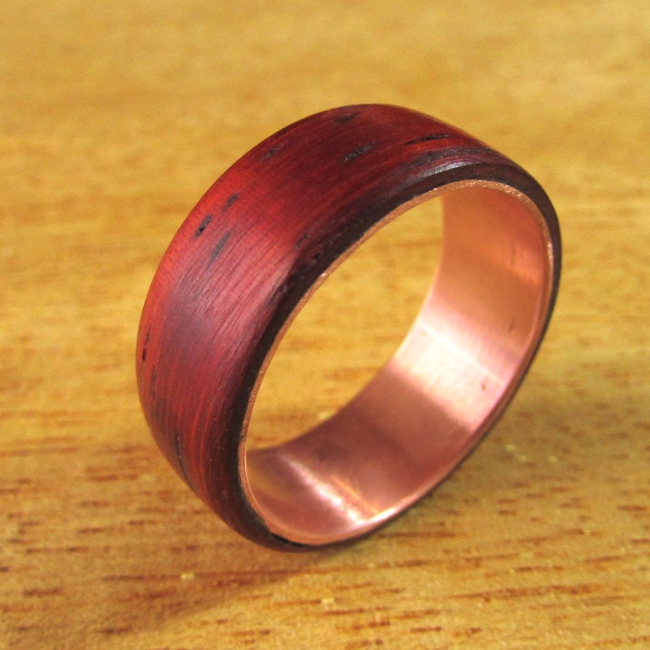 Red Padauk wooden wedding ring, wood and copper bentwood ring, Mens alternative wedding band, 7 year anniversary gift for husband, vegan