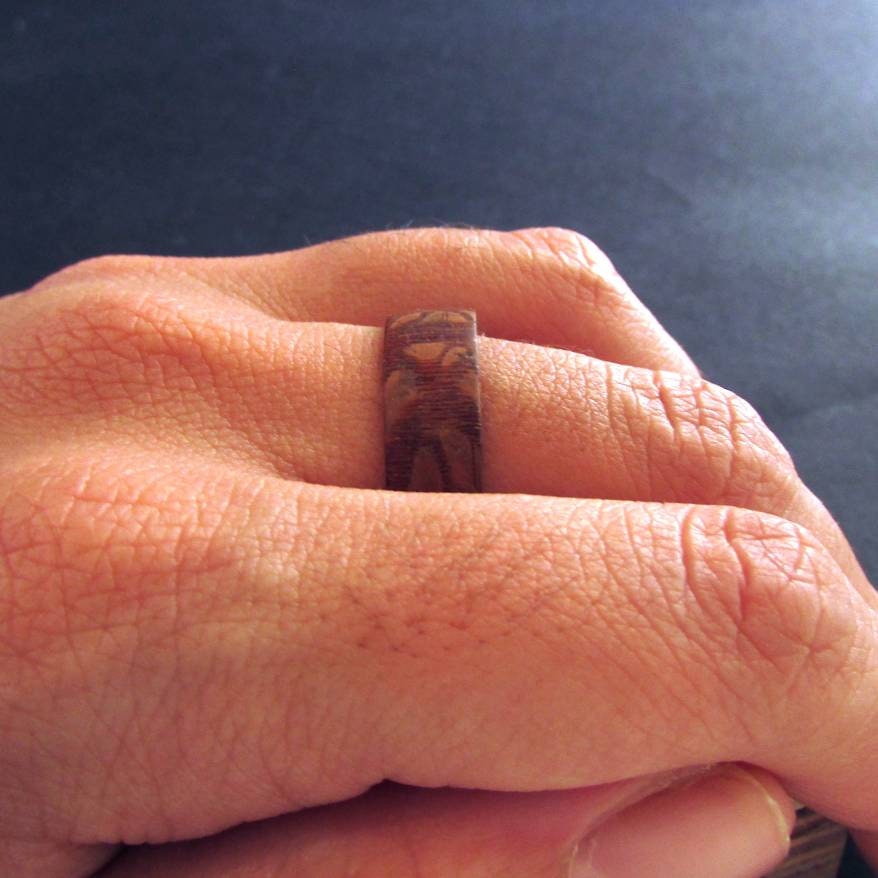 Brazilian lacewood ring, figured wood and copper wedding ring, mens wooden wedding band, unique 7 year anniversary gift, reddish brown color