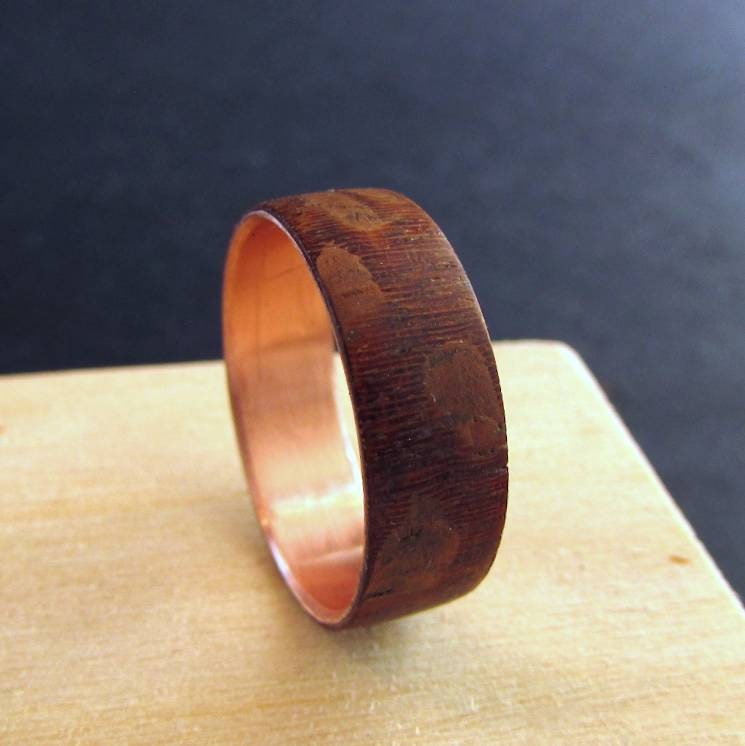 Brazilian lacewood ring, figured wood and copper wedding ring, mens wooden wedding band, unique 7 year anniversary gift, reddish brown color