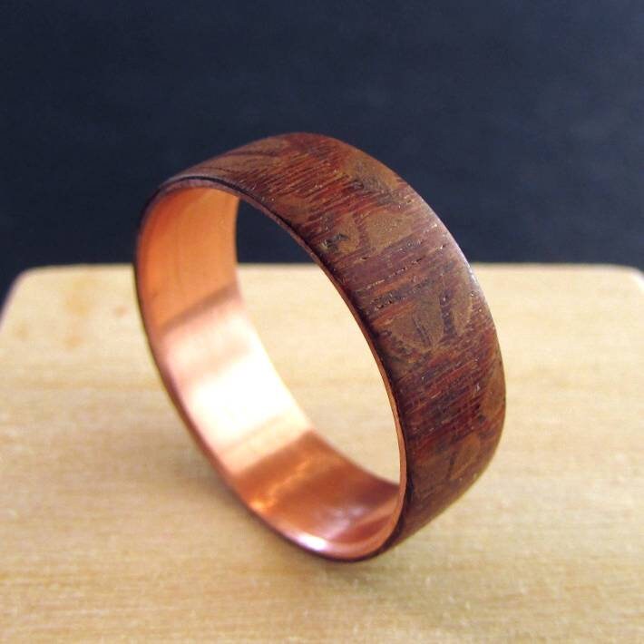 Brazilian lacewood ring, figured wood and copper wedding ring, mens wooden wedding band, unique 7 year anniversary gift, reddish brown color