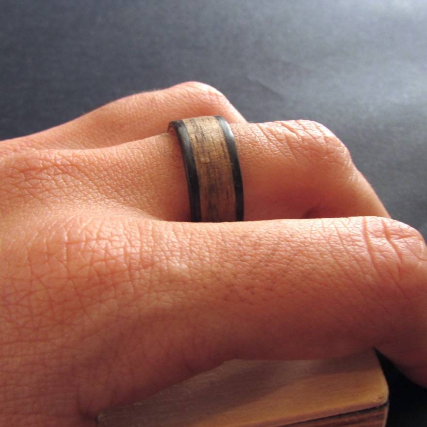 Whiskey barrel wedding ring, Recycled oak wood wedding band, Wood and copper rings for men and women, 5 year anniversary gift idea