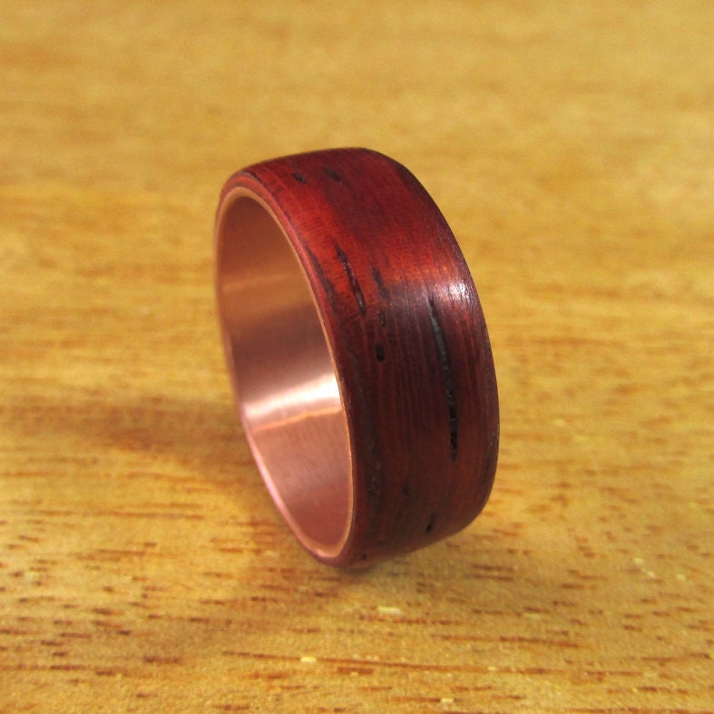Red Padauk wooden wedding ring, wood and copper bentwood ring, Mens alternative wedding band, 7 year anniversary gift for husband, vegan
