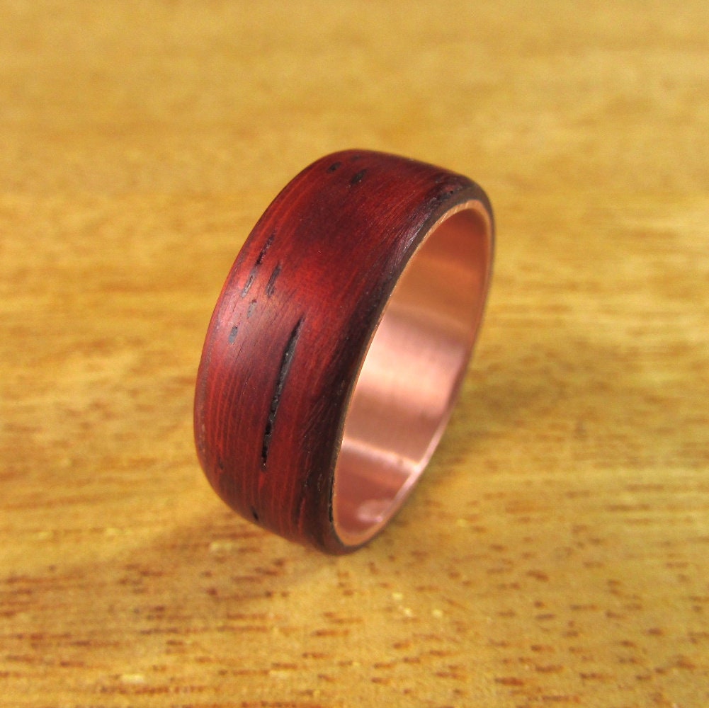 Red Padauk wooden wedding ring, wood and copper bentwood ring, Mens alternative wedding band, 7 year anniversary gift for husband, vegan
