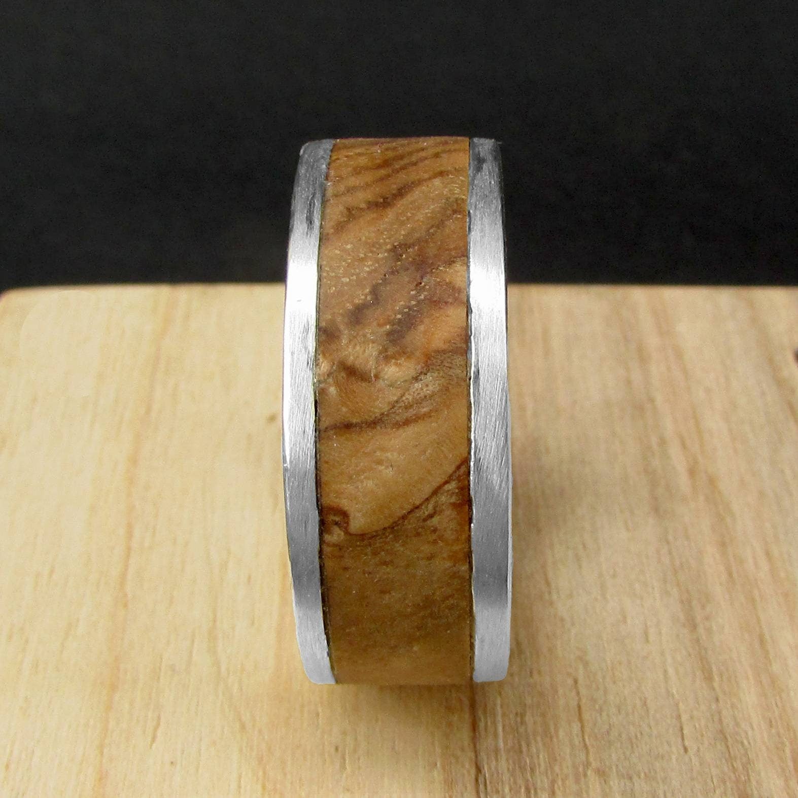 925 Sterling silver and wooden inlay ring, olive ash wood wedding band for men, Wide metal and wood rings for him, 5 year anniversary gift