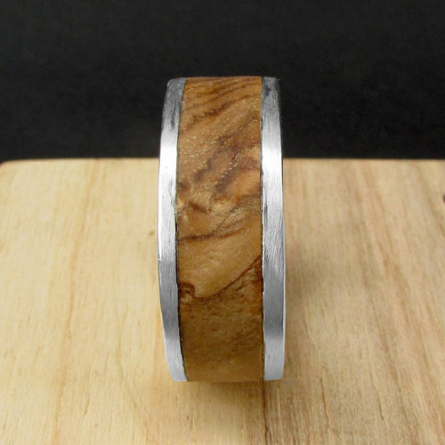 925 Sterling silver and wooden inlay ring, olive ash wood wedding band for men, Wide metal and wood rings for him, 5 year anniversary gift