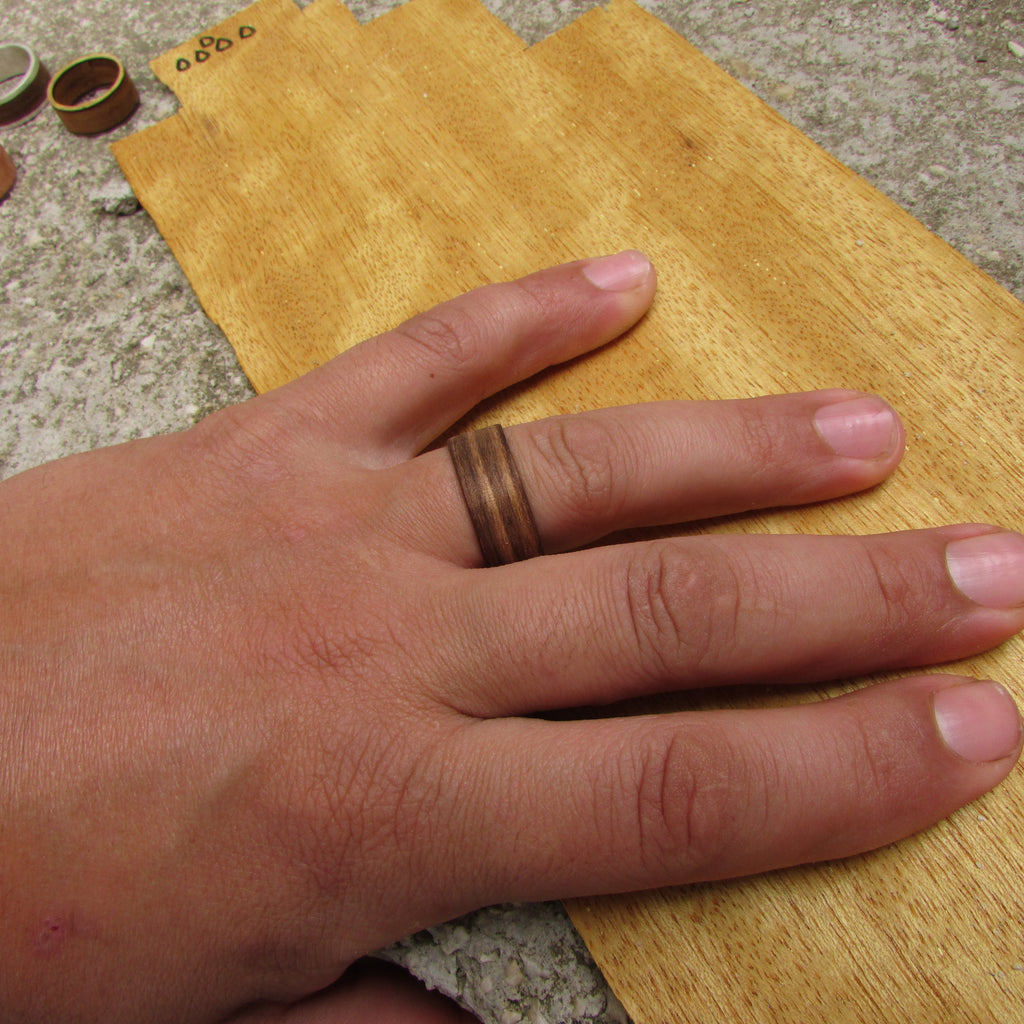 Zebrano all wood wedding band for men, Wide wooden wedding rings mens, bentwood ring, Alternative 5 year anniversary gift for lumberjack