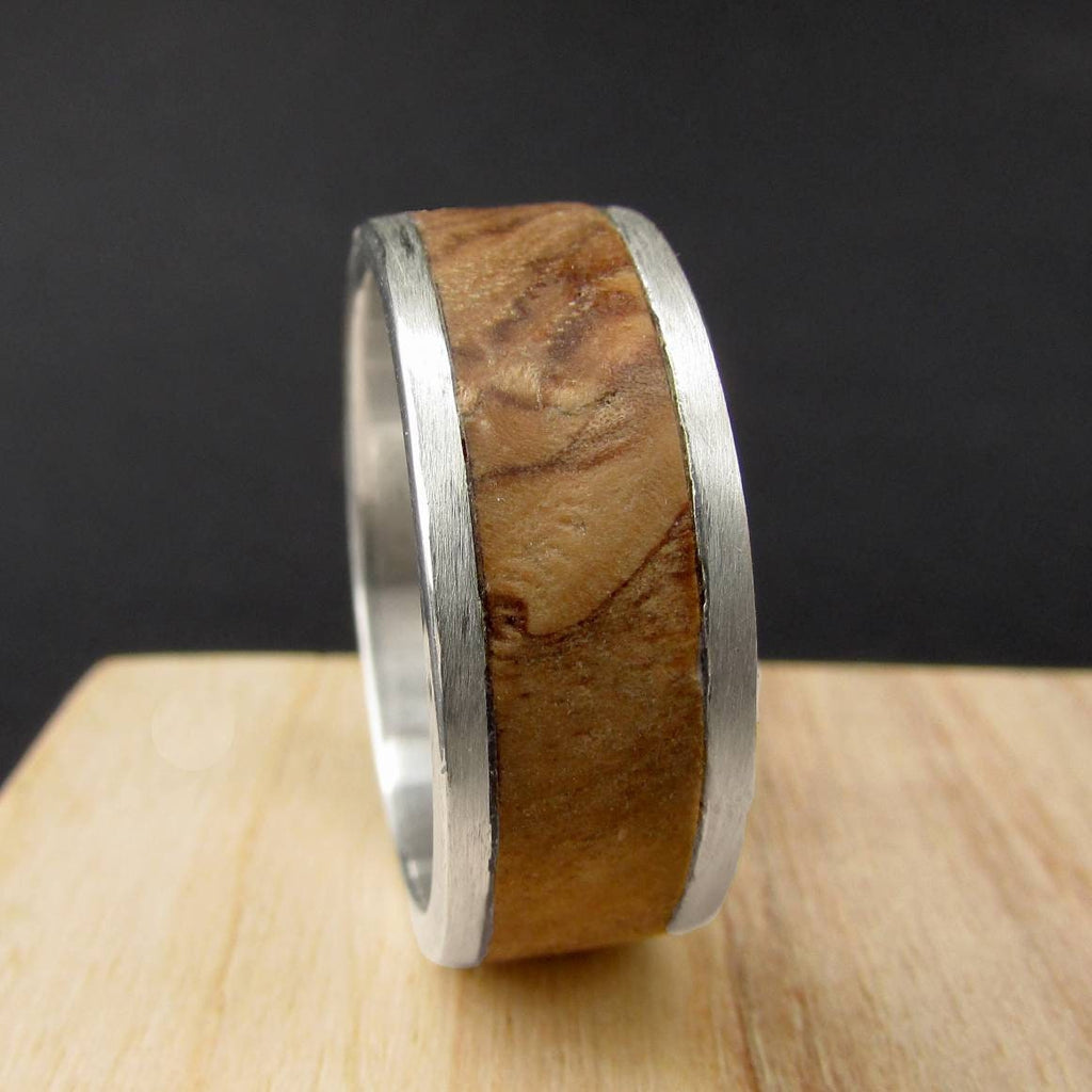 925 Sterling silver and wooden inlay ring, olive ash wood wedding band for men, Wide metal and wood rings for him, 5 year anniversary gift