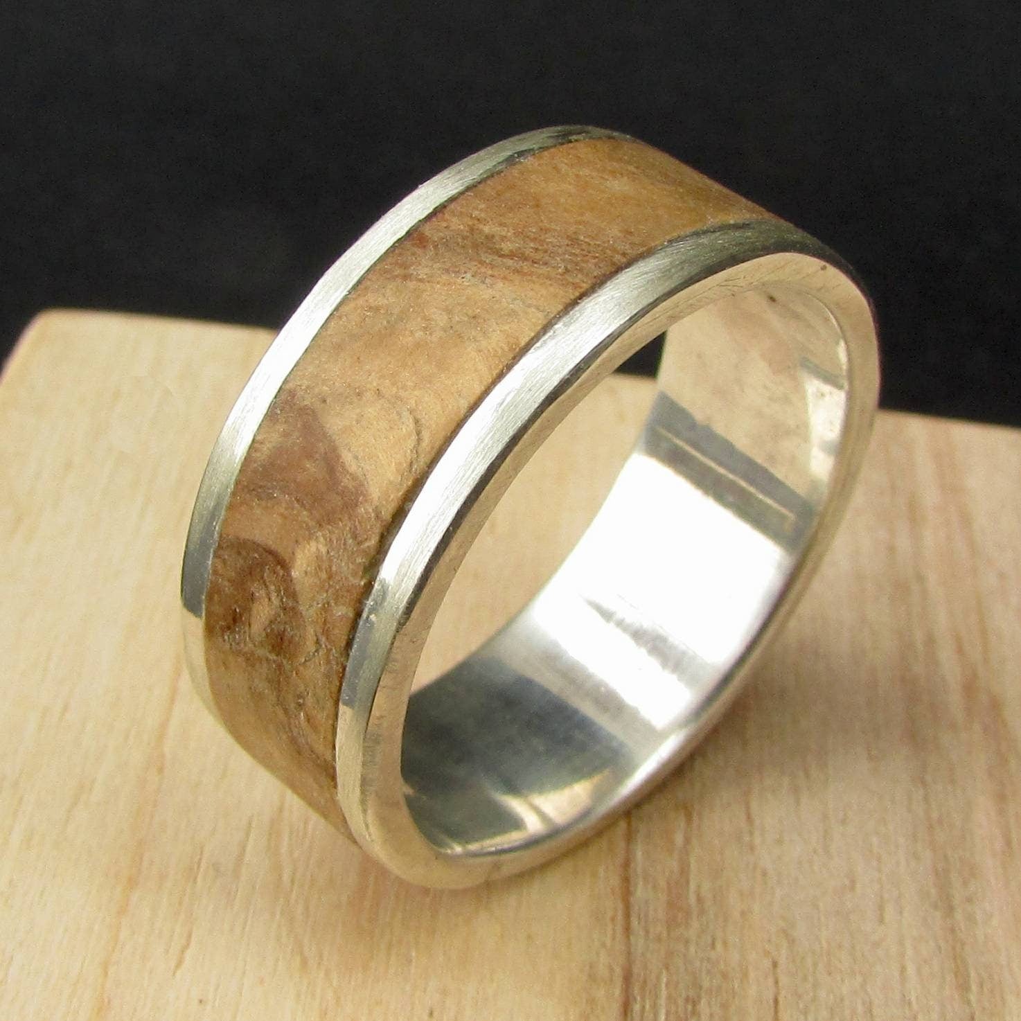 925 Sterling silver and wooden inlay ring, olive ash wood wedding band for men, Wide metal and wood rings for him, 5 year anniversary gift