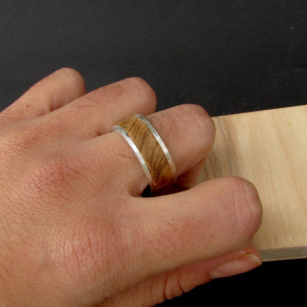 925 Sterling silver and wooden inlay ring, olive ash wood wedding band for men, Wide metal and wood rings for him, 5 year anniversary gift