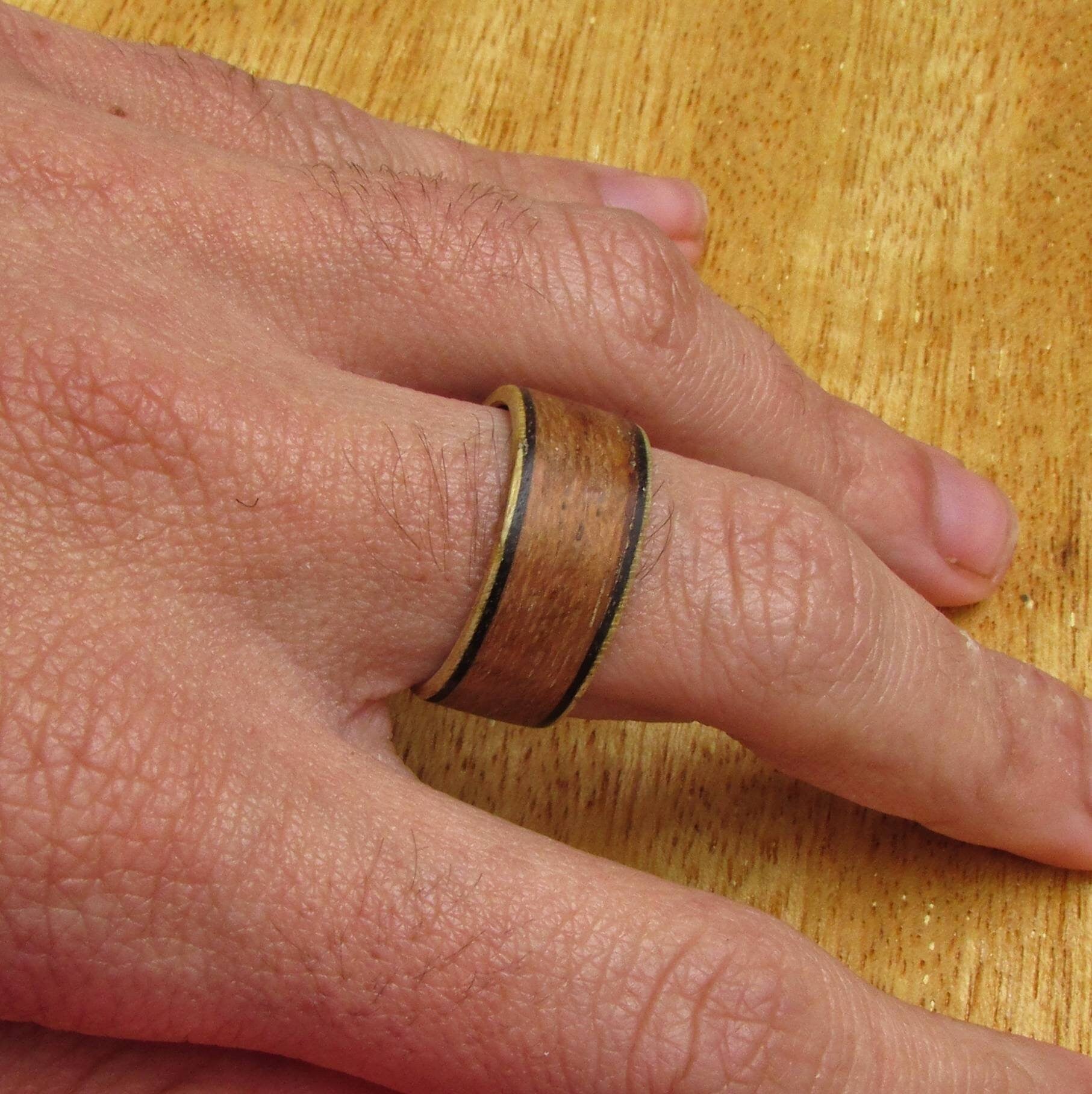 Burmese Teak, Maple, and eucalyptus bentwood ring, all wood wedding band, Wide wooden rings for men, Unique 5 year anniversary gift for him