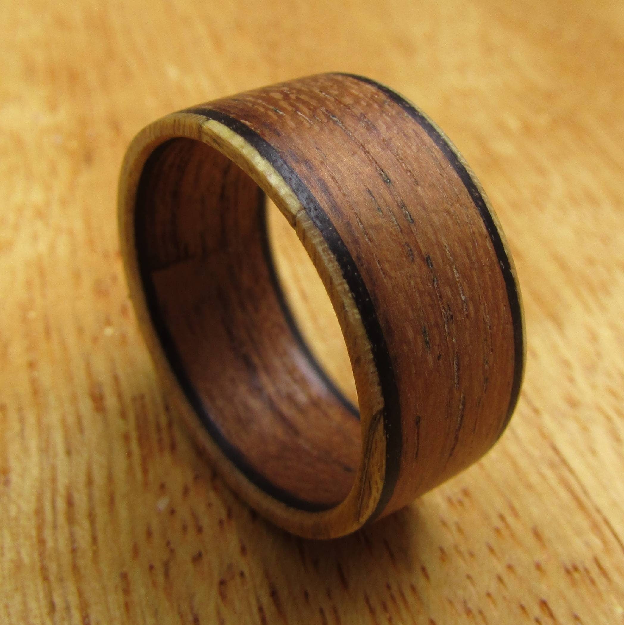 Burmese Teak, Maple, and eucalyptus bentwood ring, all wood wedding band, Wide wooden rings for men, Unique 5 year anniversary gift for him