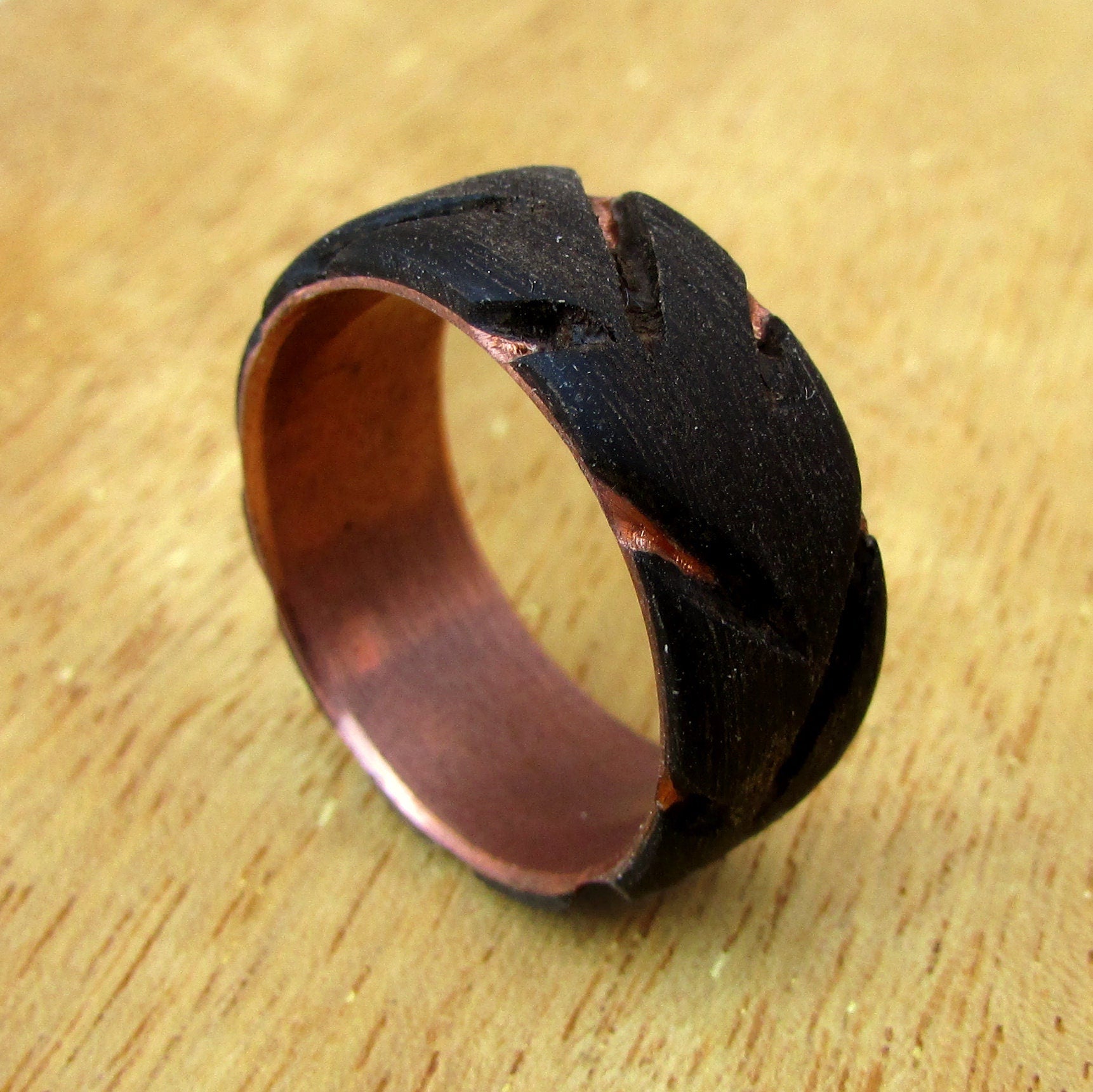 Wooden tire tread ring, Mens black wedding band, copper and wood wedding ring, 5 year anniversary gift for car enthusiast, natural jewelry