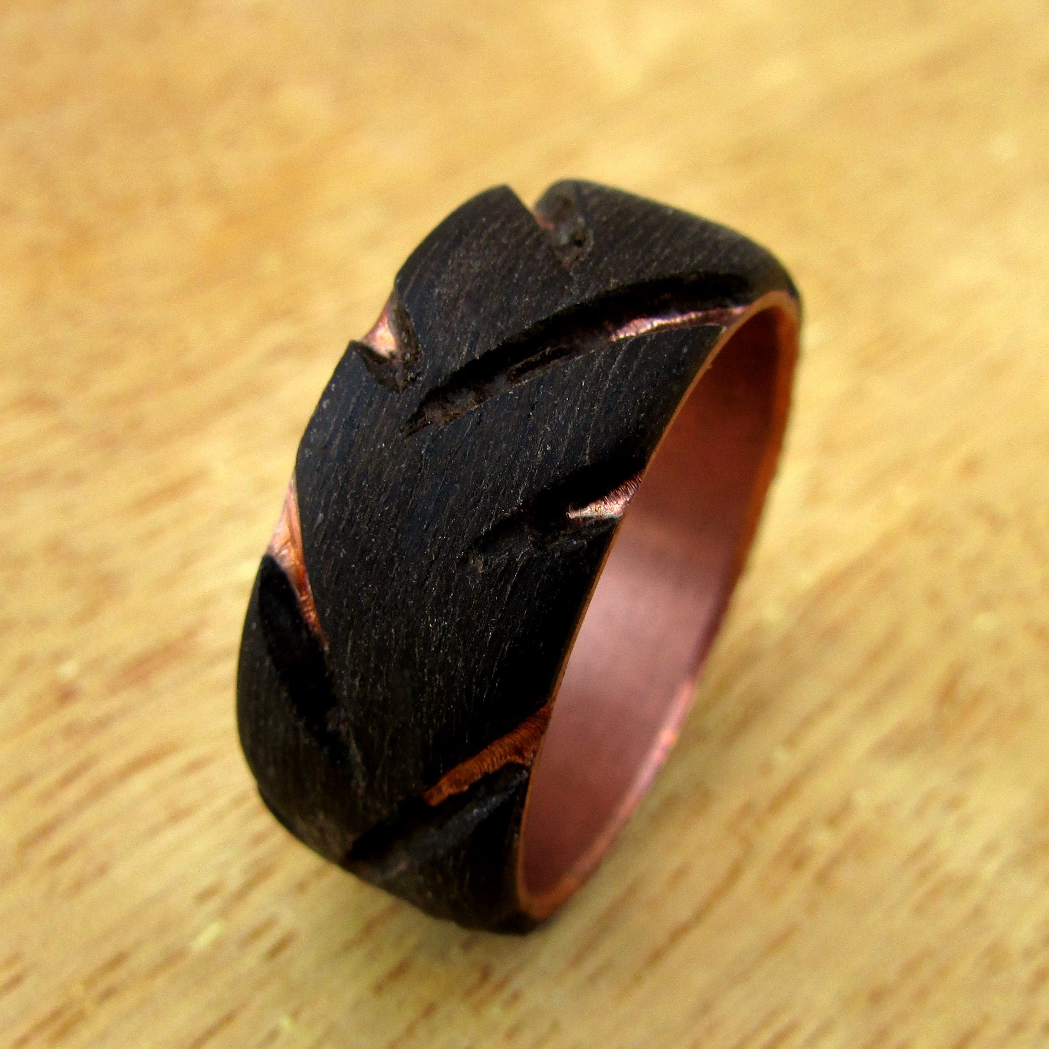 Wooden tire tread ring, Mens black wedding band, copper and wood wedding ring, 5 year anniversary gift for car enthusiast, natural jewelry