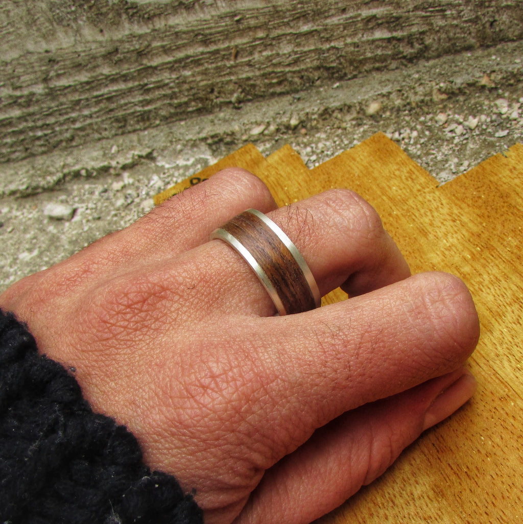 925 Sterling silver and Teak wood wedding band, Rustic wooden ring for husband, Metal and wood inlay rings, 5 year anniversary gift for men