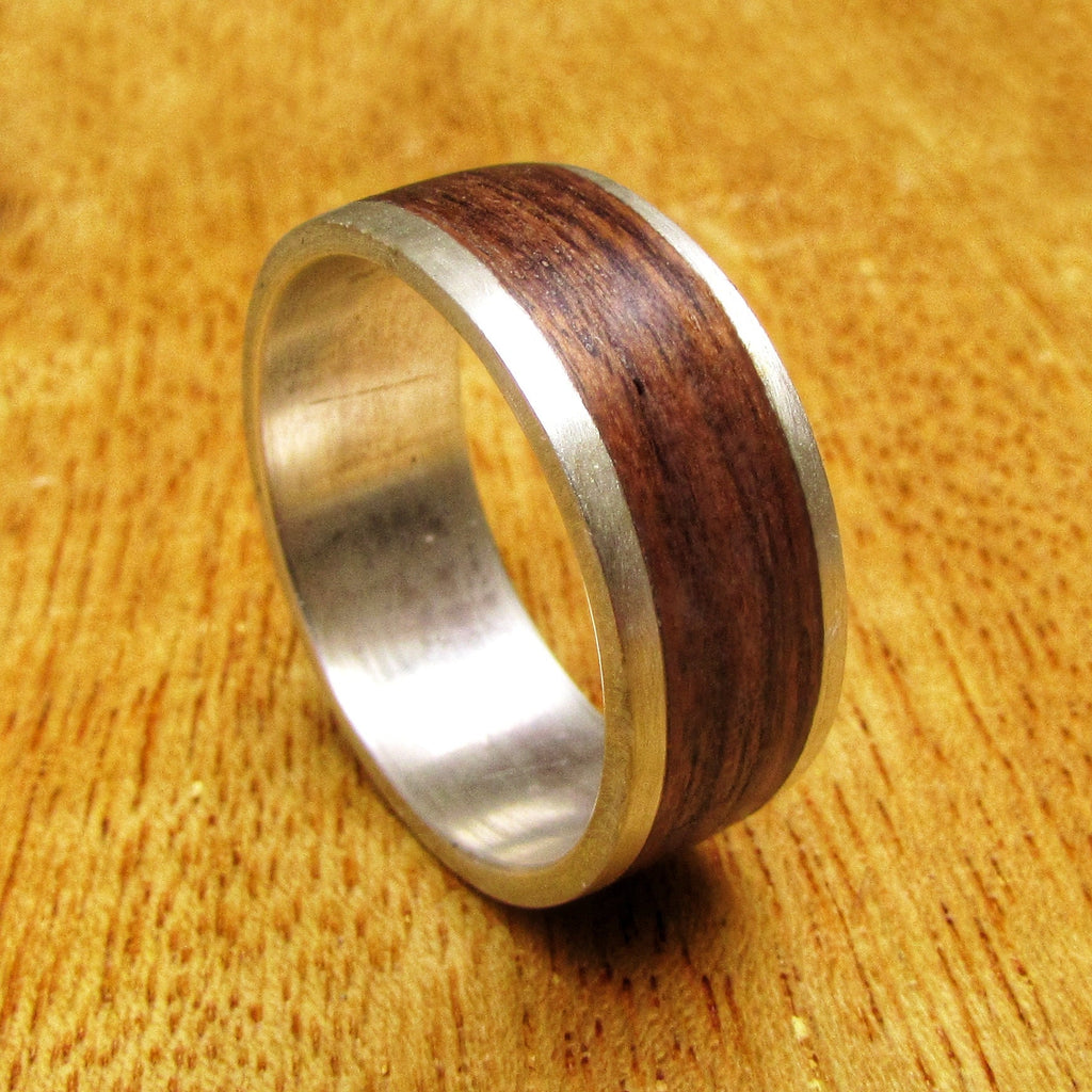 925 Sterling silver and Teak wood wedding band, Rustic wooden ring for husband, Metal and wood inlay rings, 5 year anniversary gift for men