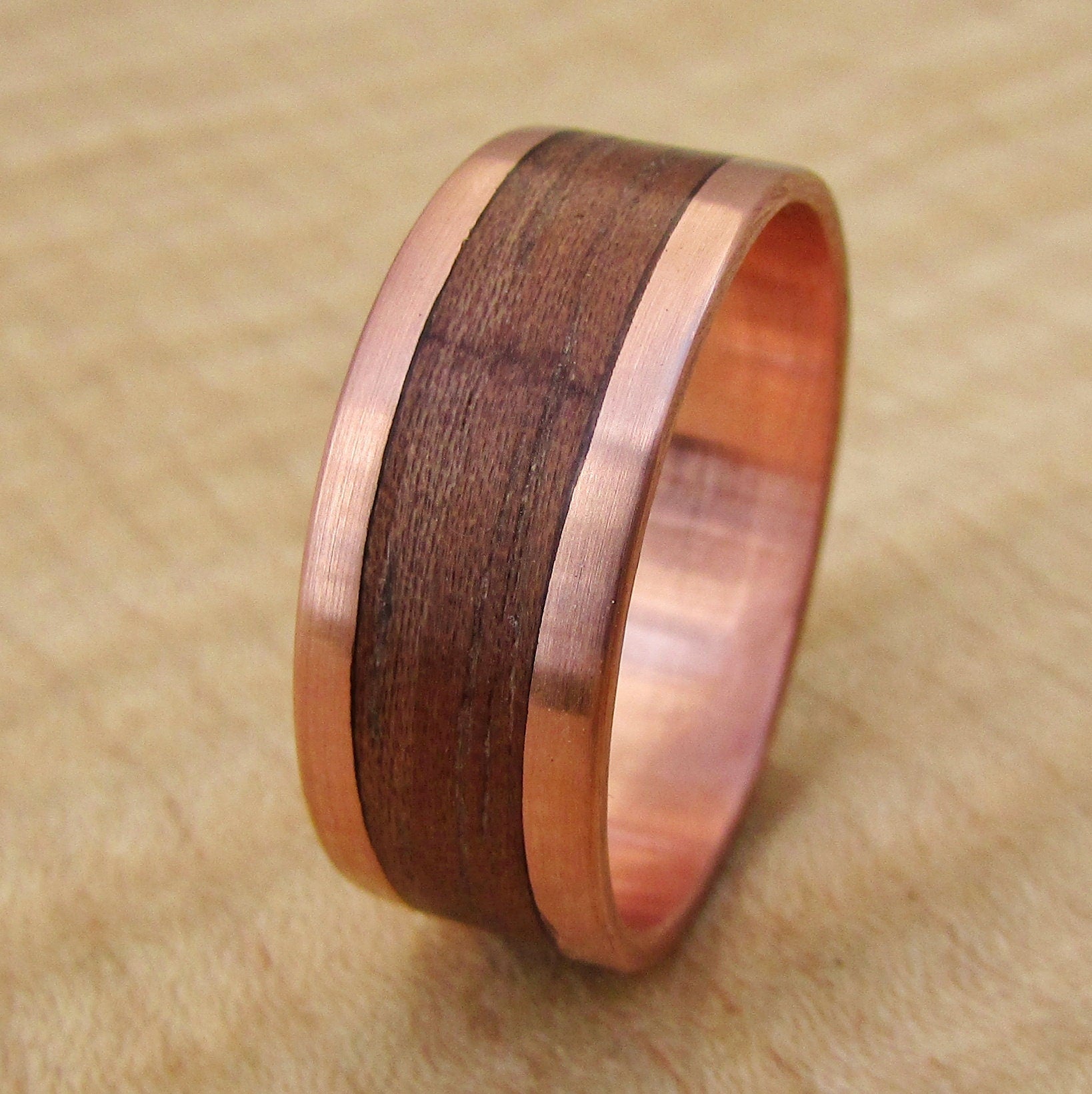 Makore wood and copper wedding band, Copper and wood inlay rings, Boho wooden rings for men, Sustainable jewelry, 7th anniversary gift