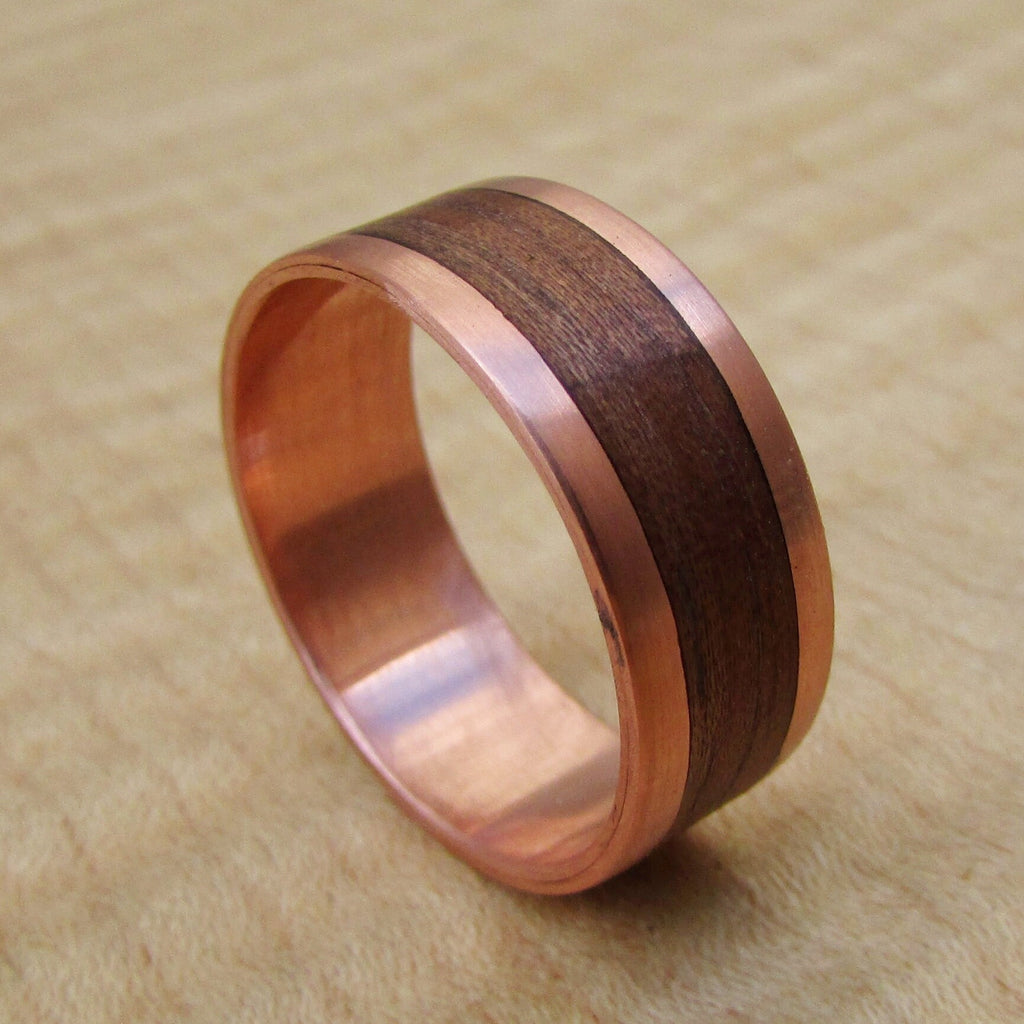 Makore wood and copper wedding band, Copper and wood inlay rings, Boho wooden rings for men, Sustainable jewelry, 7th anniversary gift