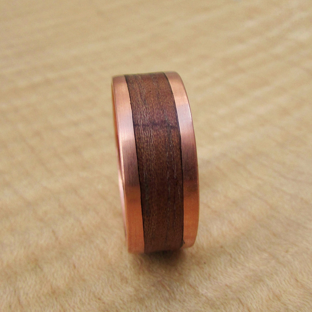Makore wood and copper wedding band, Copper and wood inlay rings, Boho wooden rings for men, Sustainable jewelry, 7th anniversary gift