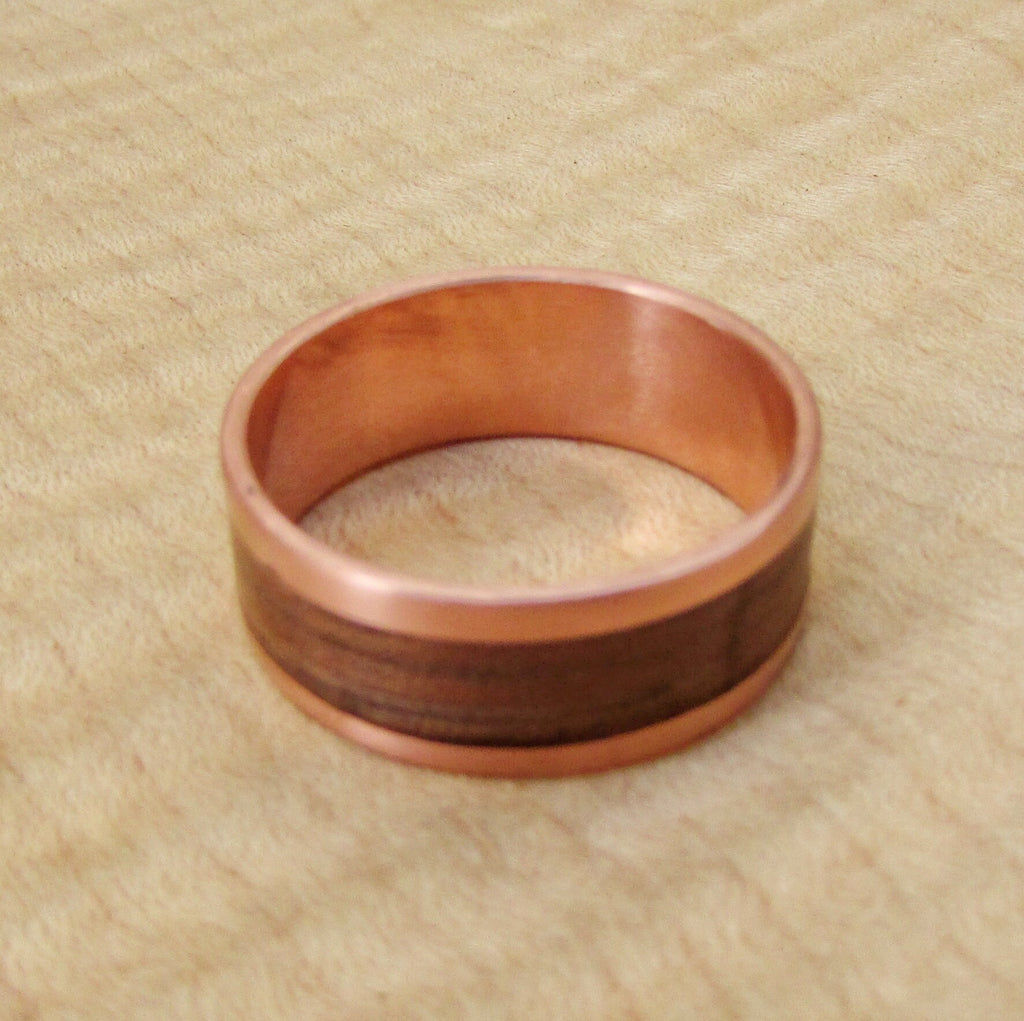 Makore wood and copper wedding band, Copper and wood inlay rings, Boho wooden rings for men, Sustainable jewelry, 7th anniversary gift