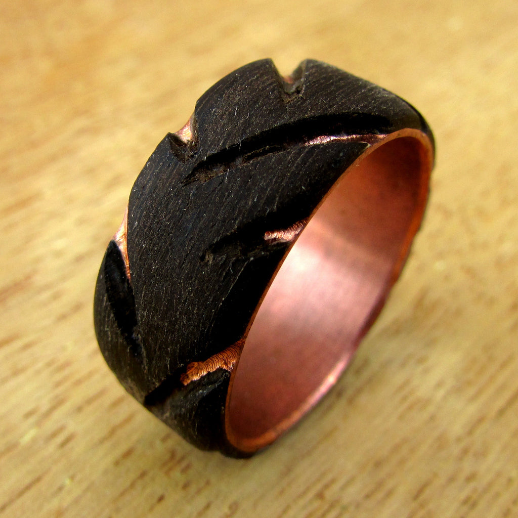 Wooden tire tread ring, Mens black wedding band, copper and wood wedding ring, 5 year anniversary gift for car enthusiast, natural jewelry