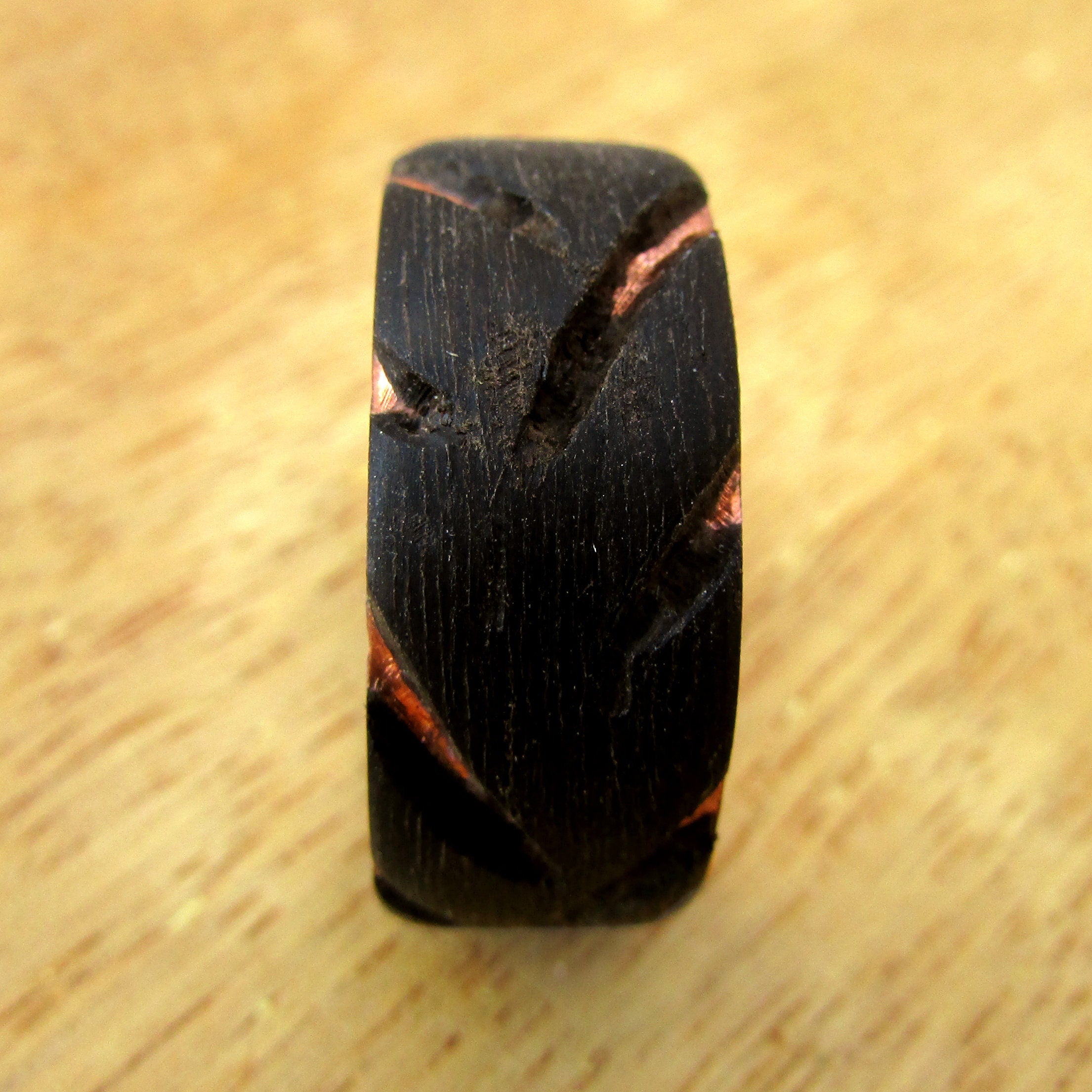 Wooden tire tread ring, Mens black wedding band, copper and wood wedding ring, 5 year anniversary gift for car enthusiast, natural jewelry