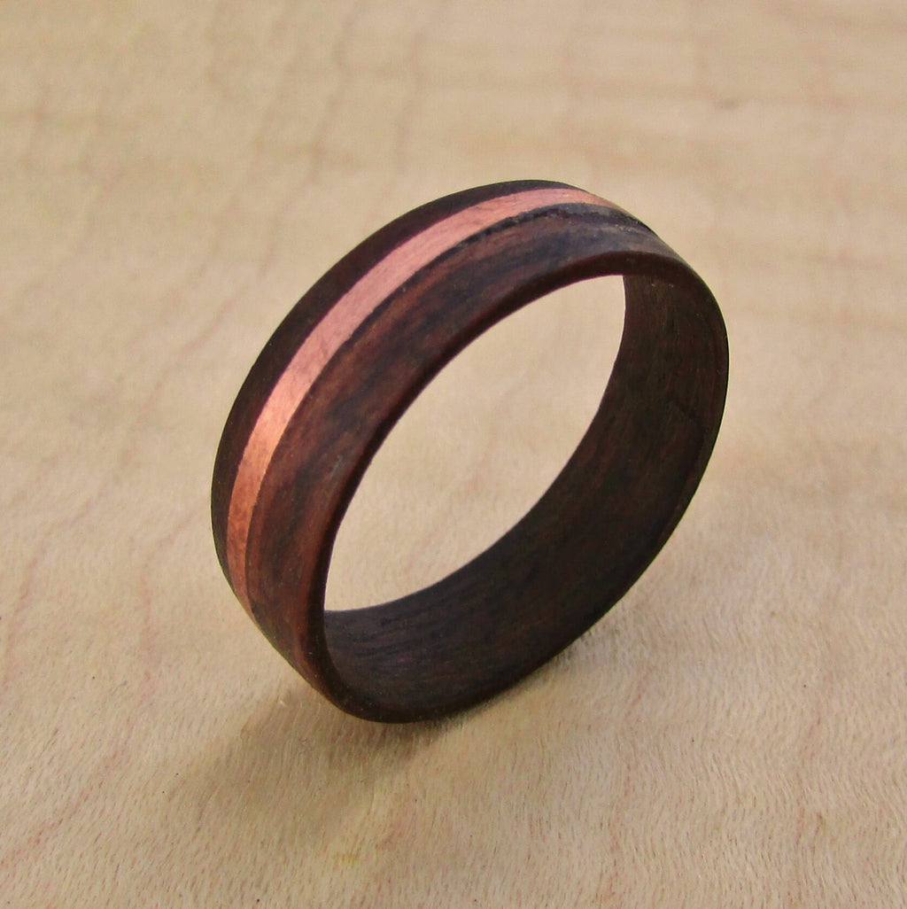 Santos Rosewood and copper inlay wedding ring, wood and metal wedding bands for men and women, Alternative 5 year anniversary gift for him