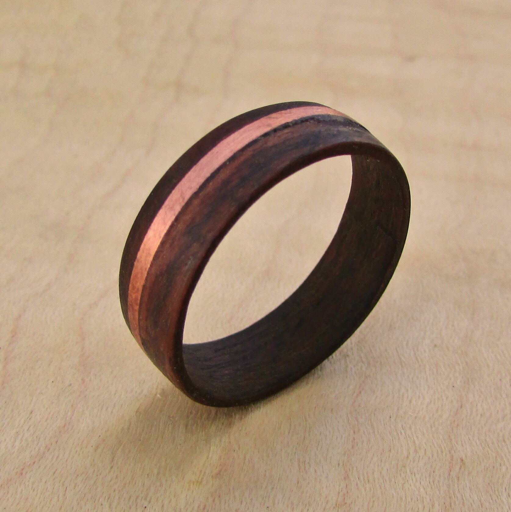 Santos Rosewood and copper inlay wedding ring, wood and metal wedding bands for men and women, Alternative 5 year anniversary gift for him