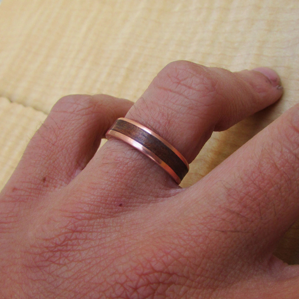 Makore wood and copper wedding band, Copper and wood inlay rings, Boho wooden rings for men, Sustainable jewelry, 7th anniversary gift
