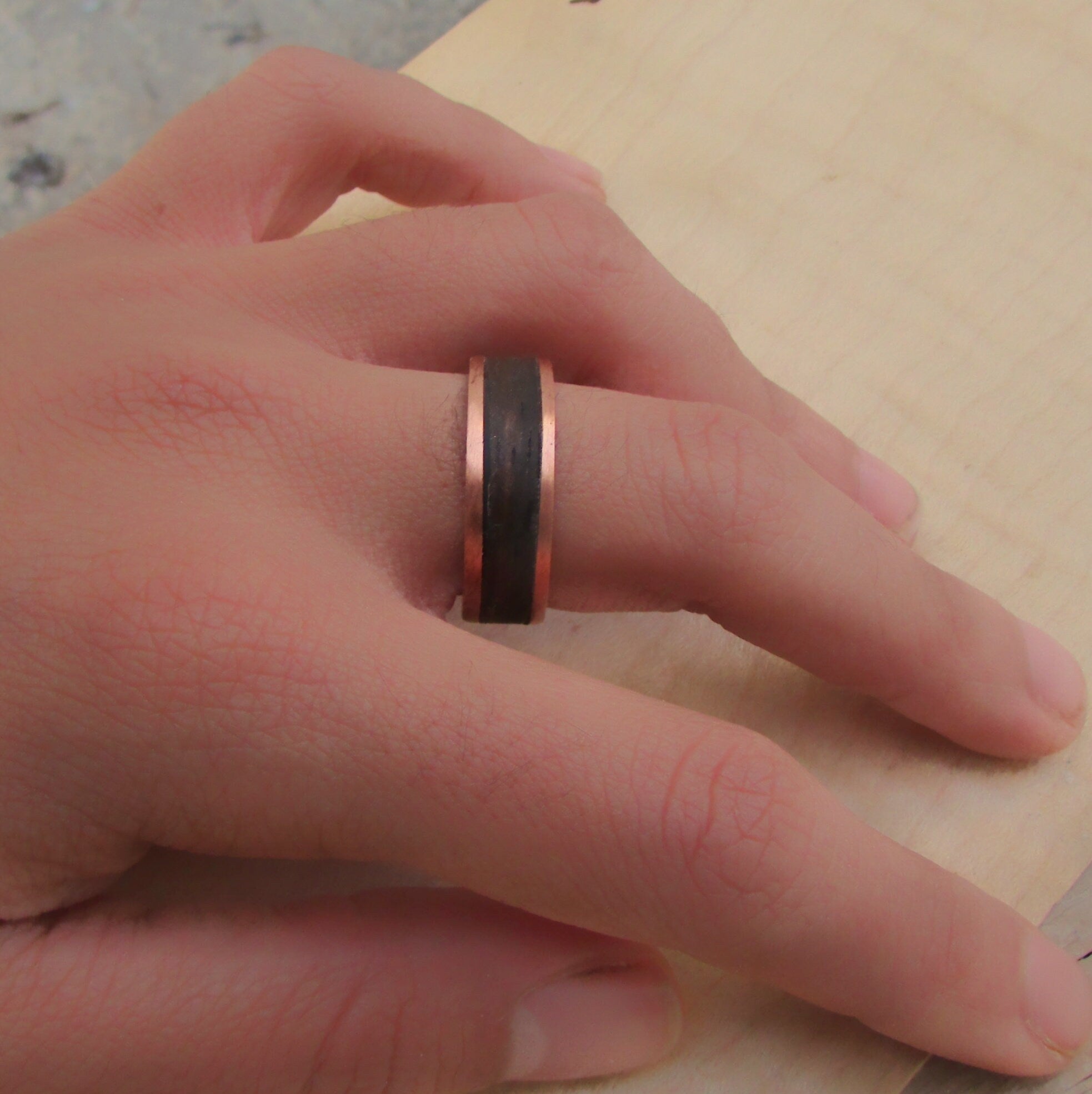 Pure copper and ebony wood inlay wedding band for men, Mens alternative wedding rings, handmade wooden ring, 5 year anniversary gift for him