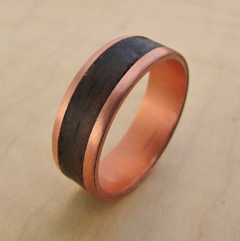 Pure copper and ebony wood inlay wedding band for men, Mens alternative wedding rings, handmade wooden ring, 5 year anniversary gift for him