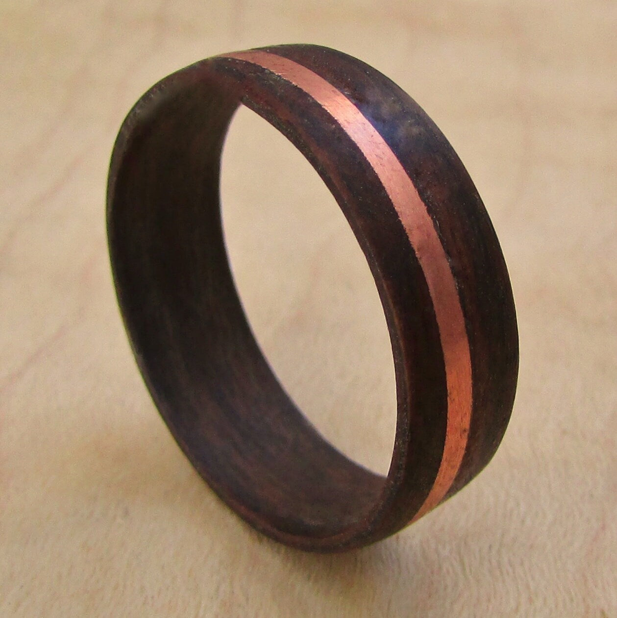 Santos Rosewood and copper inlay wedding ring, wood and metal wedding bands for men and women, Alternative 5 year anniversary gift for him