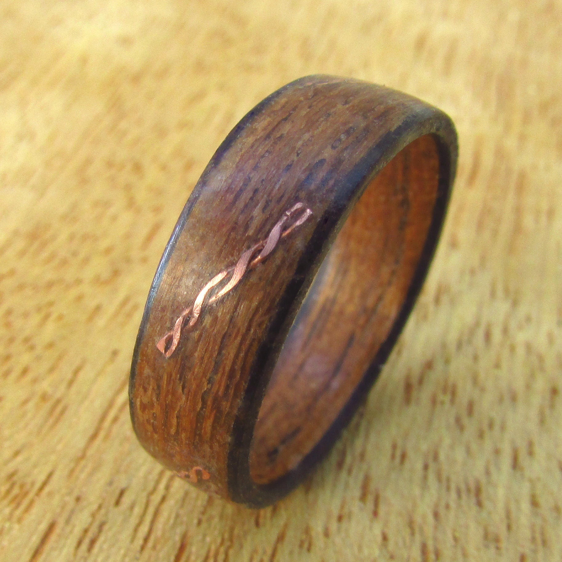 Rustic teak wood bentwood ring, Whiskey barrel style western design, Unique ring for country wedding, Eco friendly wedding bands for men