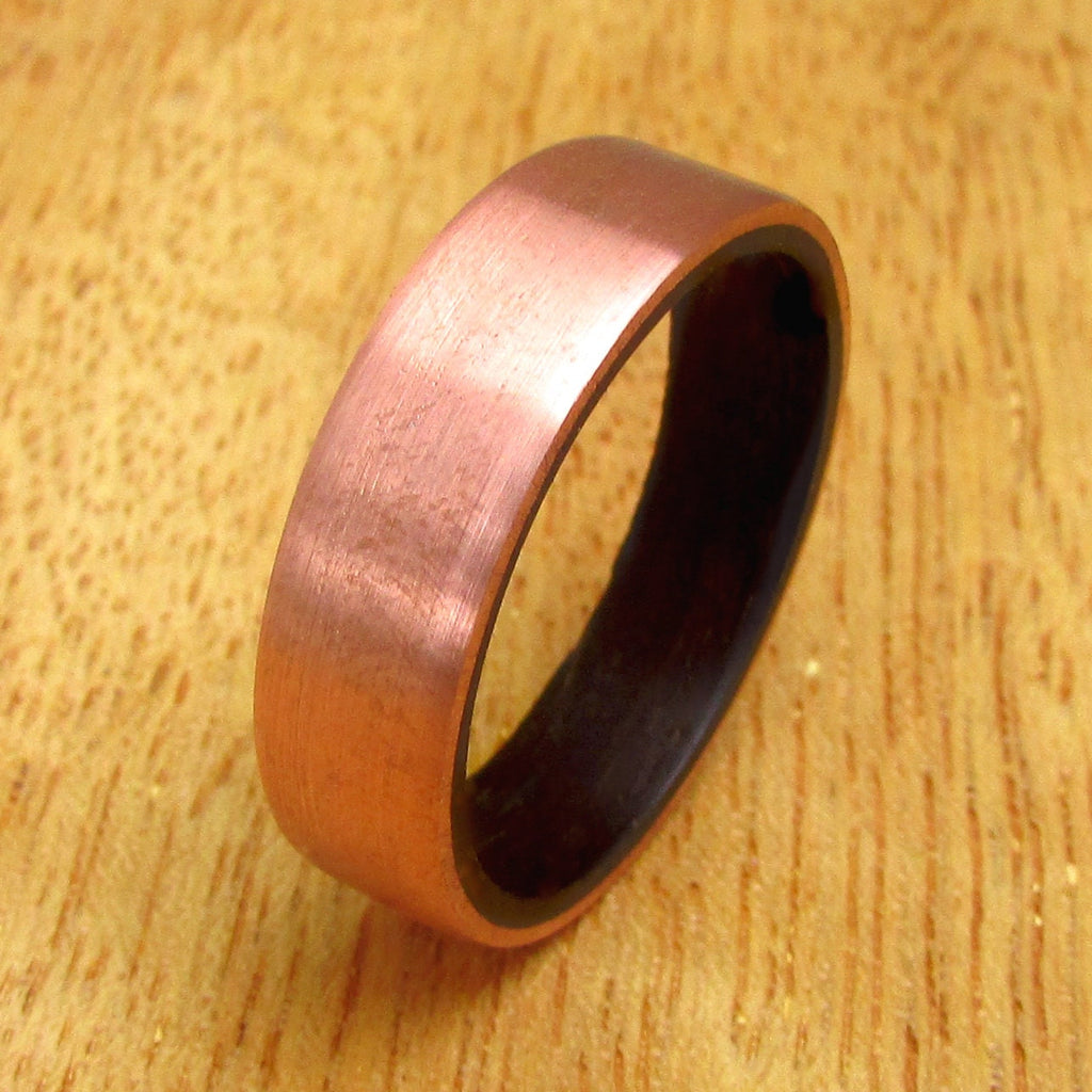 Black eucalyptus wood and copper anniversary ring, alternative wooden wedding bands, 7 year anniversary gift ideas for husband, sustainable