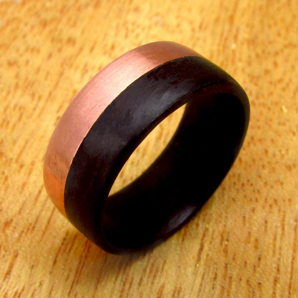 Black eucalyptus wood and copper ring for men and women, matte wooden wedding band custom made to size, Yin yang inspired wedding ring