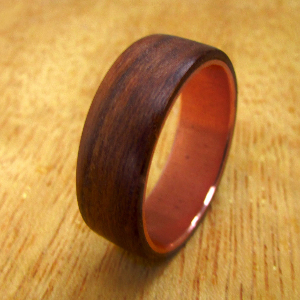 Teak wood wedding ring, Mens wooden ring, boho 7 year anniversary gift for husband, wood and copper wedding band, rustic jewelry for men