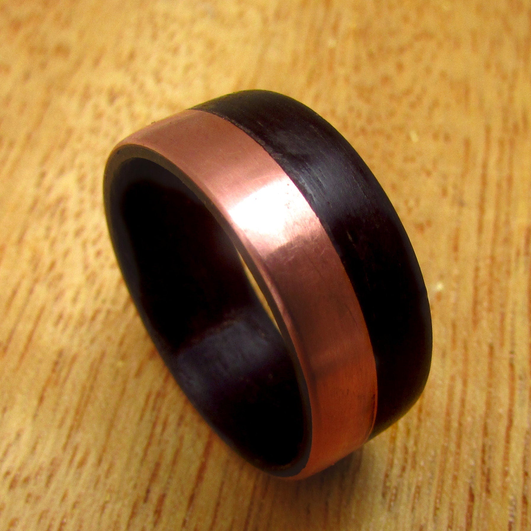 Black eucalyptus wood and copper ring for men and women, matte wooden wedding band custom made to size, Yin yang inspired wedding ring