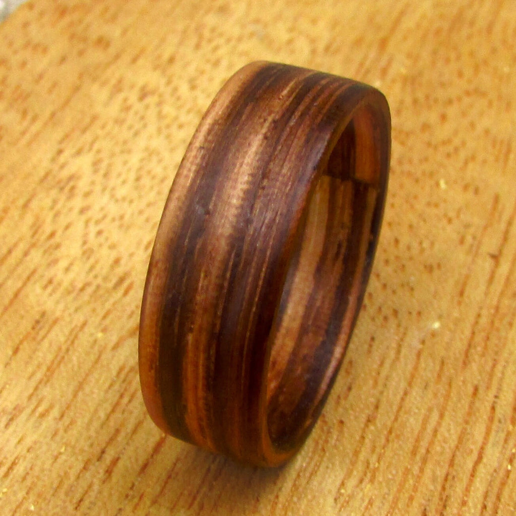 Zebrano all wood wedding band for men, Wide wooden wedding rings mens, bentwood ring, Alternative 5 year anniversary gift for lumberjack