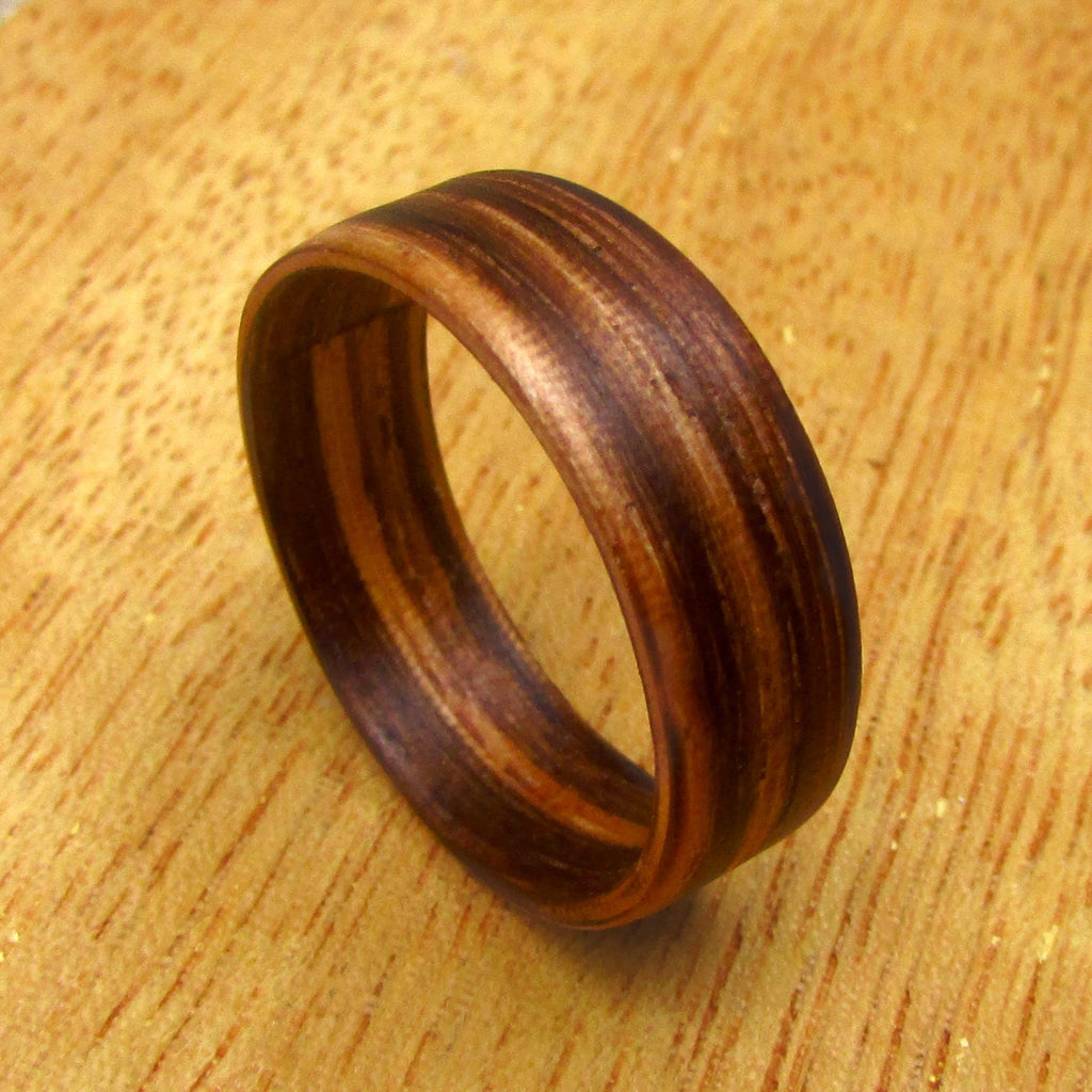 Zebrano all wood wedding band for men, Wide wooden wedding rings mens, bentwood ring, Alternative 5 year anniversary gift for lumberjack