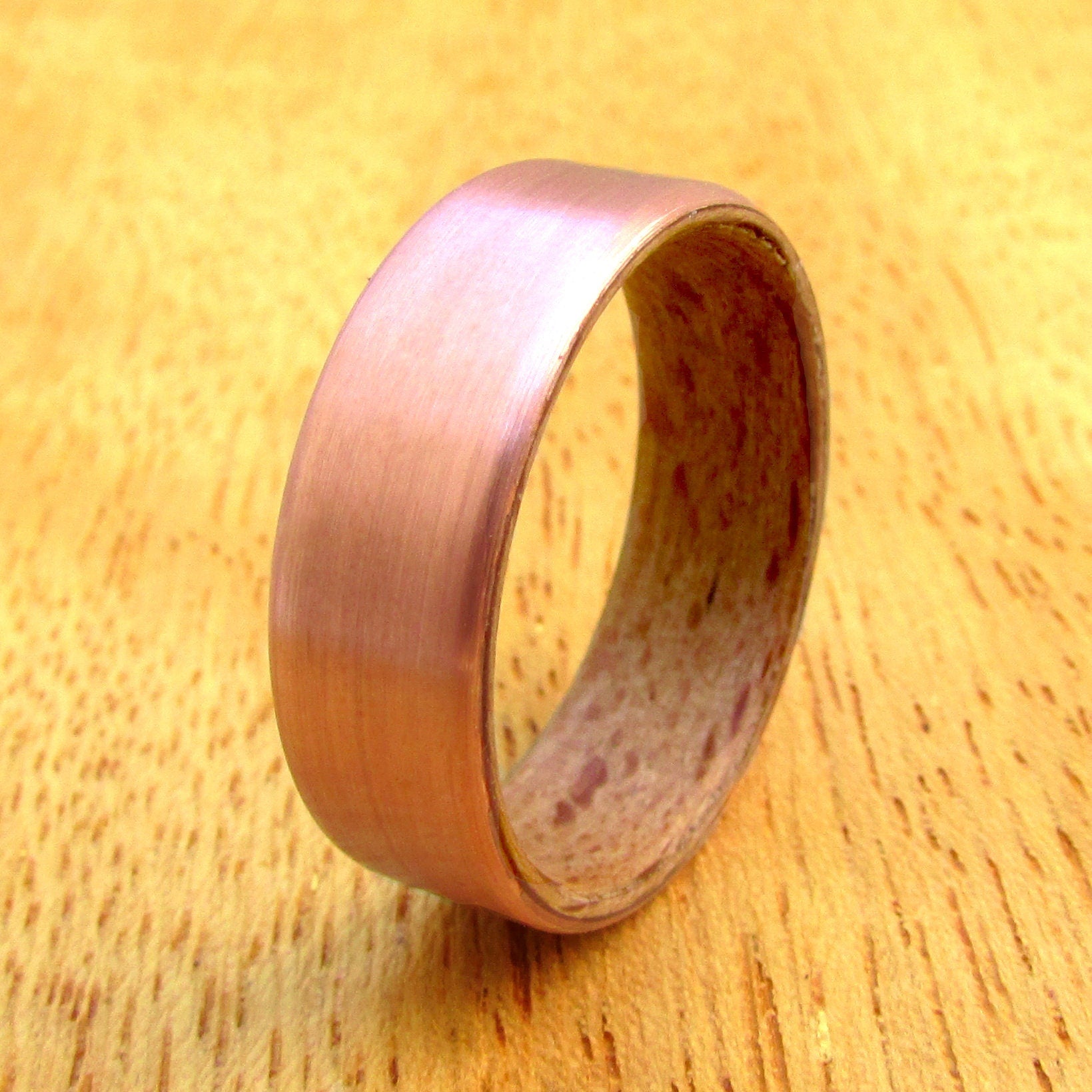 Copper and beech wood inlay ring, Pure copper wedding band, alternative gift for 7 year anniversary, rustic wooden wedding ring for him her