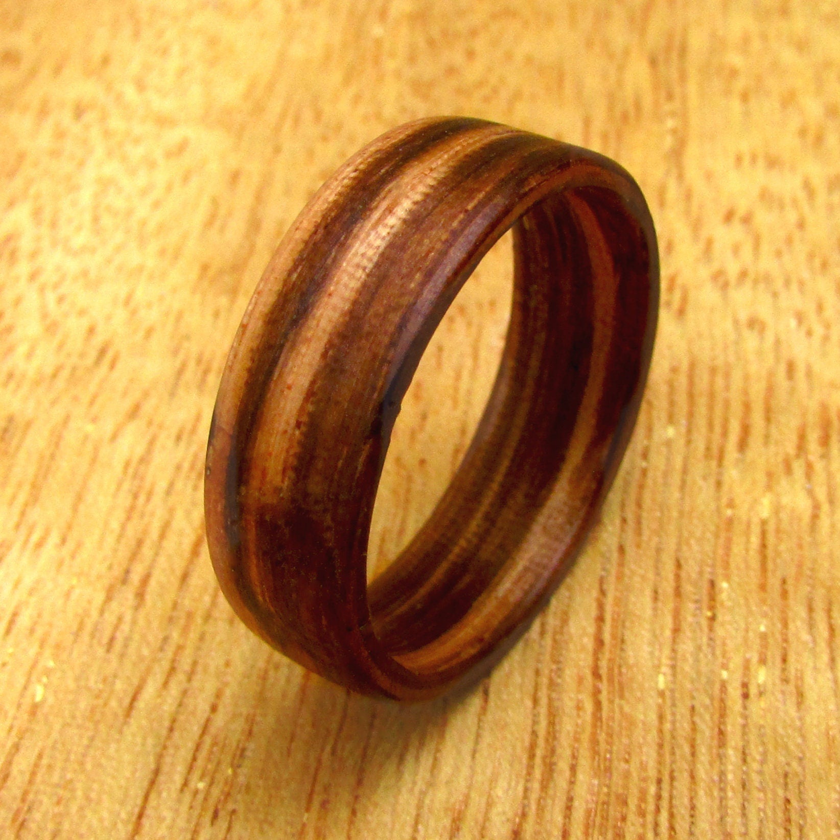 Zebrano all wood wedding band for men, Wide wooden wedding rings mens, bentwood ring, Alternative 5 year anniversary gift for lumberjack
