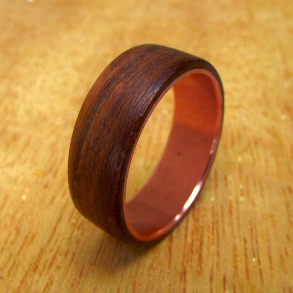 Teak wood wedding ring, Mens wooden ring, boho 7 year anniversary gift for husband, wood and copper wedding band, rustic jewelry for men