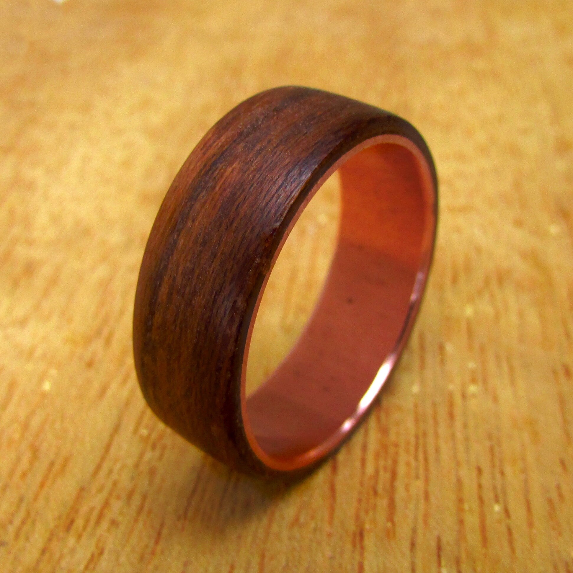 Teak wood wedding ring, Mens wooden ring, boho 7 year anniversary gift for husband, wood and copper wedding band, rustic jewelry for men